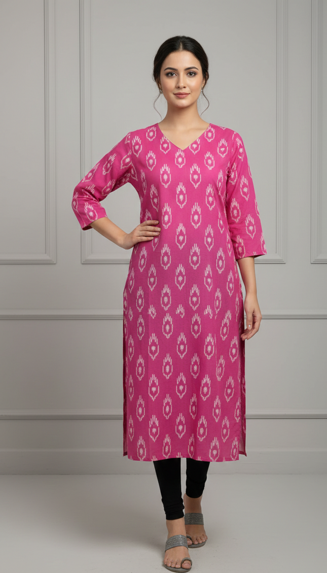 Magenta Pink Cotton Kurti with White Block Print – Everyday Bold & Beautiful