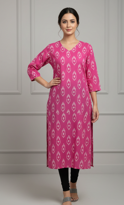 Magenta Pink Cotton Kurti with White Block Print – Everyday Bold & Beautiful