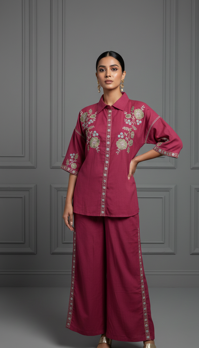 Wine Floral Embroidered Co-Ord Set for Women