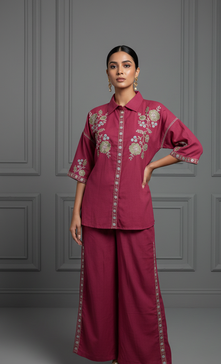 Wine Floral Embroidered Co-Ord Set for Women