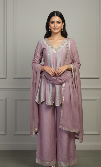 Elegant Mauve Silk Kurta Set with Subtle Embellishments