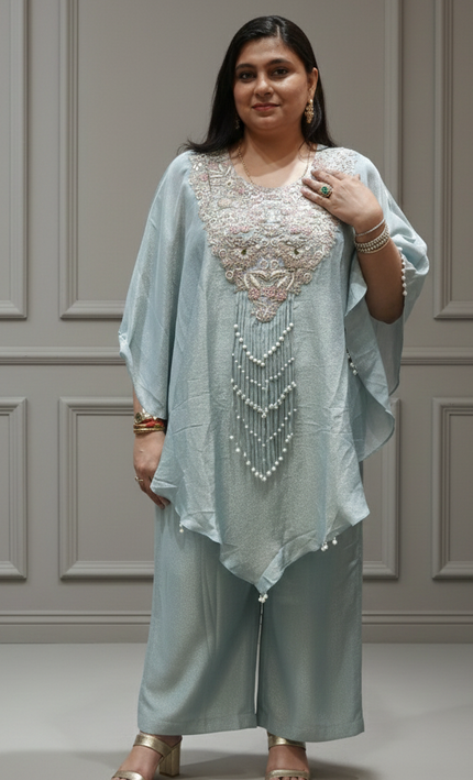 Sea Blue Tissue & Twill Net Indo-Western Co-Ord Set