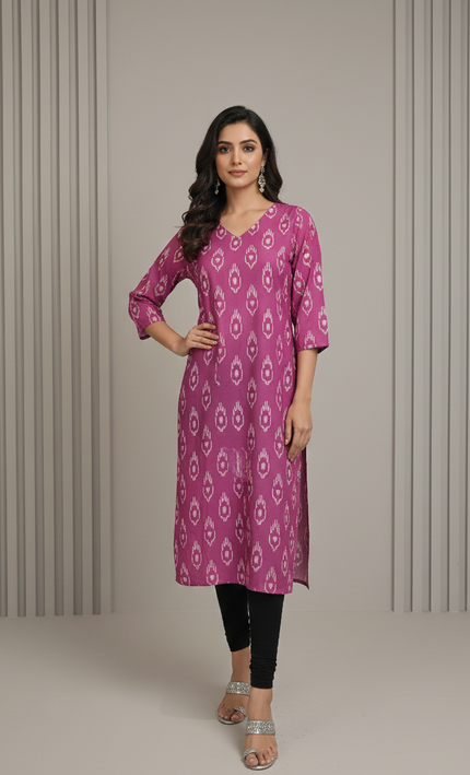 Magenta Pink Cotton Kurti with White Block Print – Everyday Bold & Beautiful