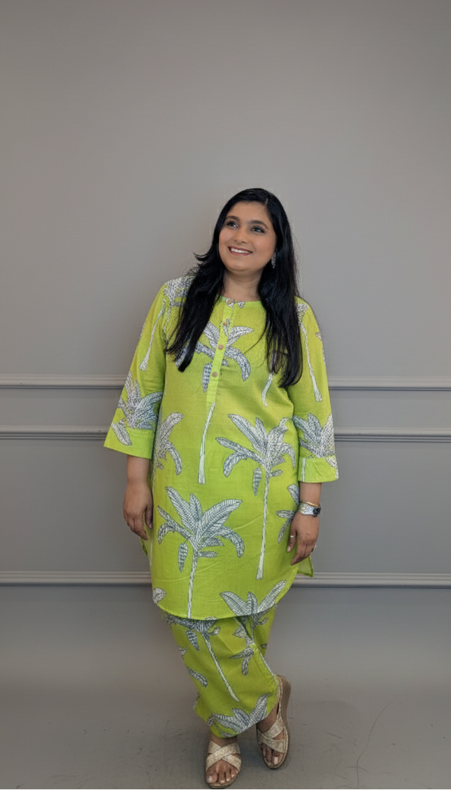 Lime Green Tropical Palm Print Co-ord Set
