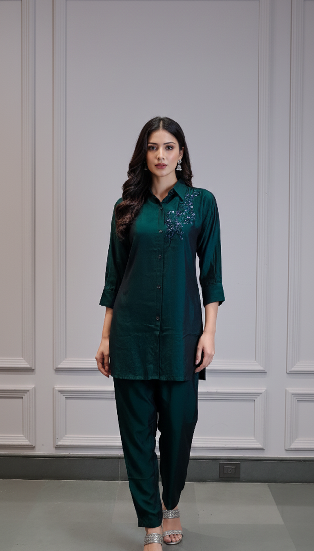 Emerald Green Embroidered Co-ord Set for Women