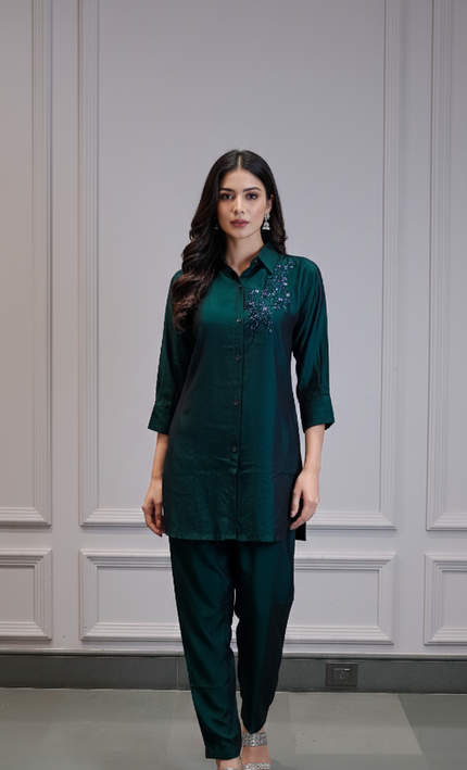 Emerald Green Embroidered Co-ord Set for Women