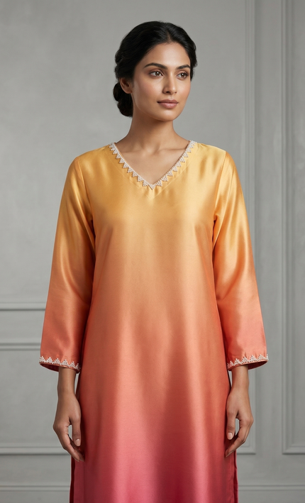 Sun Set Ombre Silk Kurta Pant Set with Pearls