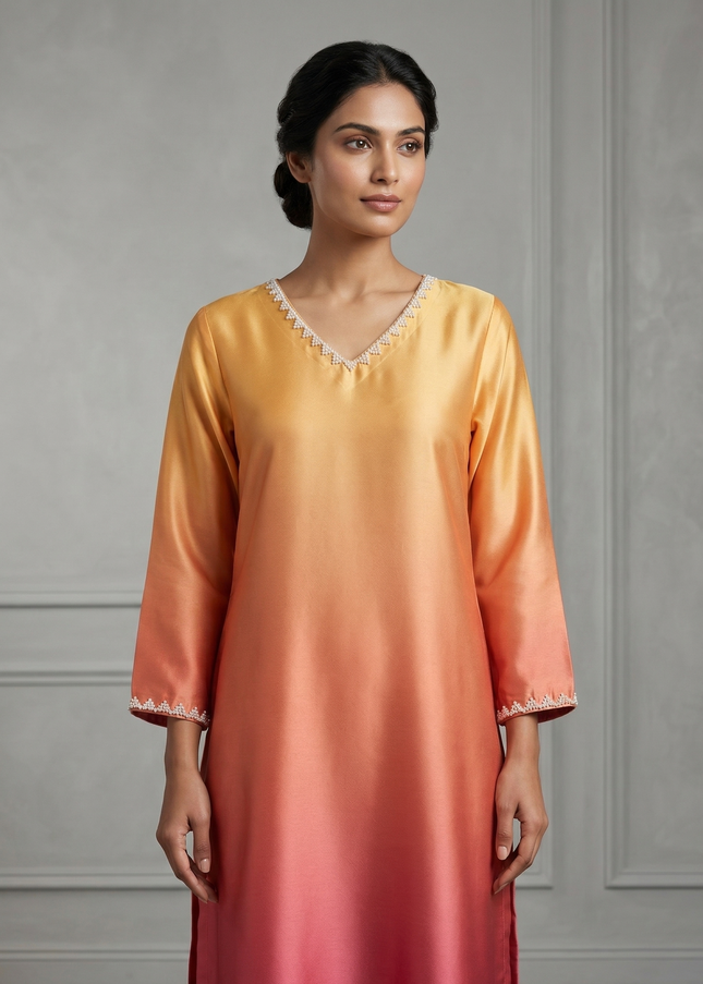 Sun Set Ombre Silk Kurta Pant Set with Pearls