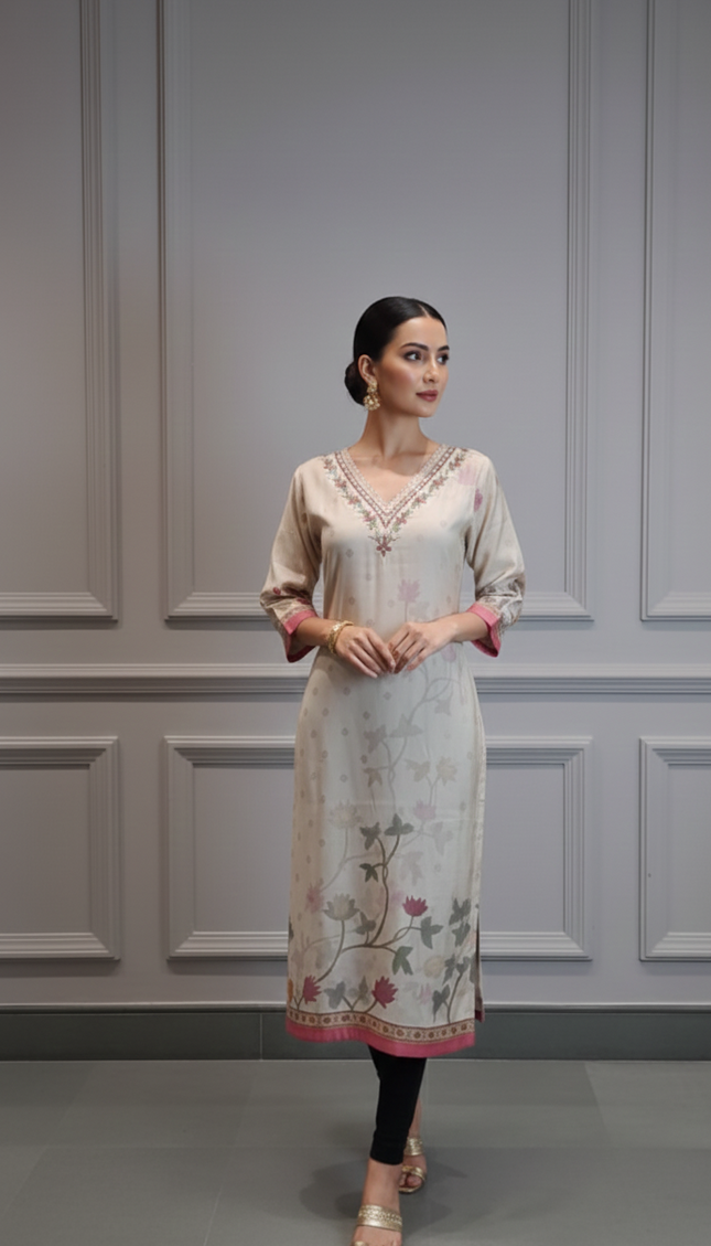 Silken Cream Blush Kurti