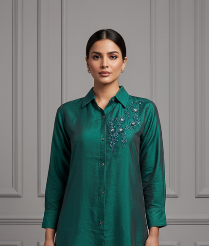 Emerald Green Embroidered Co-ord Set for Women