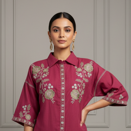 Wine Floral Embroidered Co-Ord Set for Women