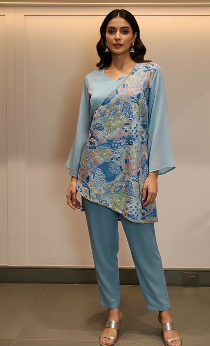 Sky Blue Draped Floral Fusion Co-ord Set