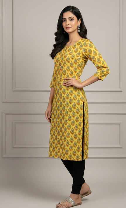 Golden Petals Printed Cotton Kurti – Soft Grace with a Burst of Yellow