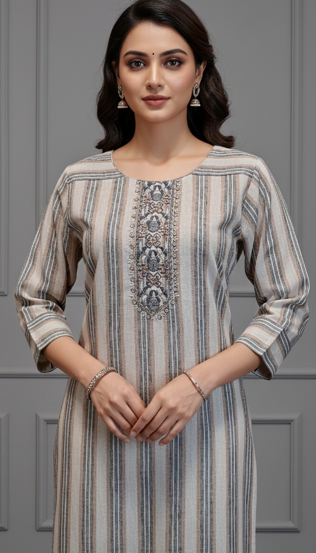 Elegant Striped Cream & Grey Cotton Kurta Set