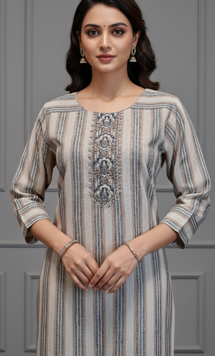 Elegant Striped Cream & Grey Cotton Kurta Set