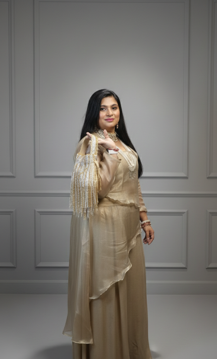 Beige Pearl & Coin Work Co-ord Set | Elegant Festive Wear