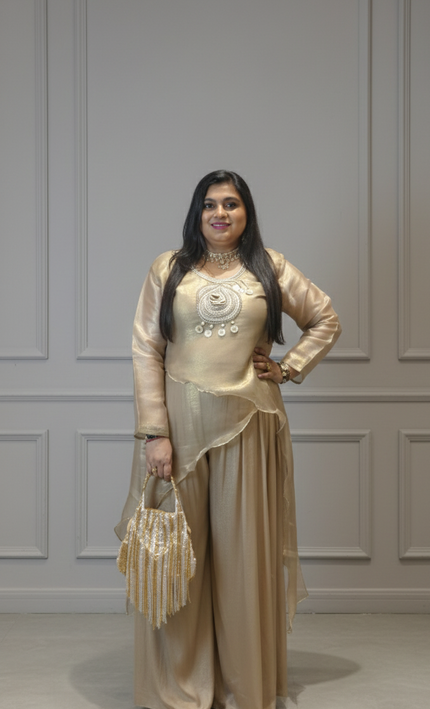 Beige Pearl & Coin Work Co-ord Set | Elegant Festive Wear