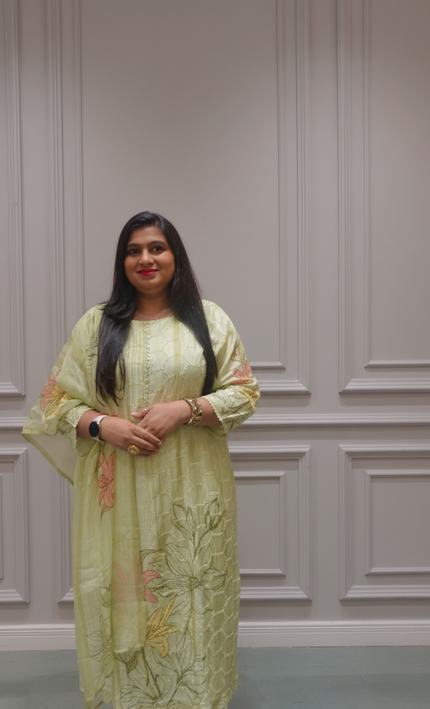 Pastel Green Floral Embroidered Kurta Set with Dupatta