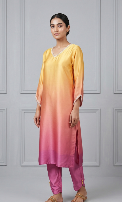 Sun Set Ombre Silk Kurta Pant Set with Pearls