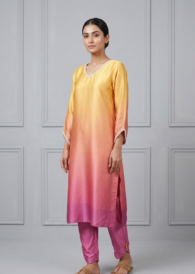 Sun Set Ombre Silk Kurta Pant Set with Pearls