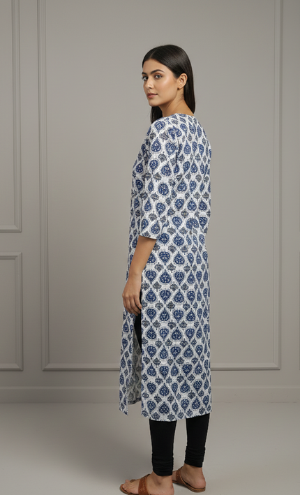 Indigo Grace V-Neck Cotton Kurti – Crisp, Calm & Beautifully You