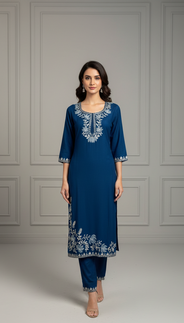 Regal Kashmiri Teal Blue Kurta Set