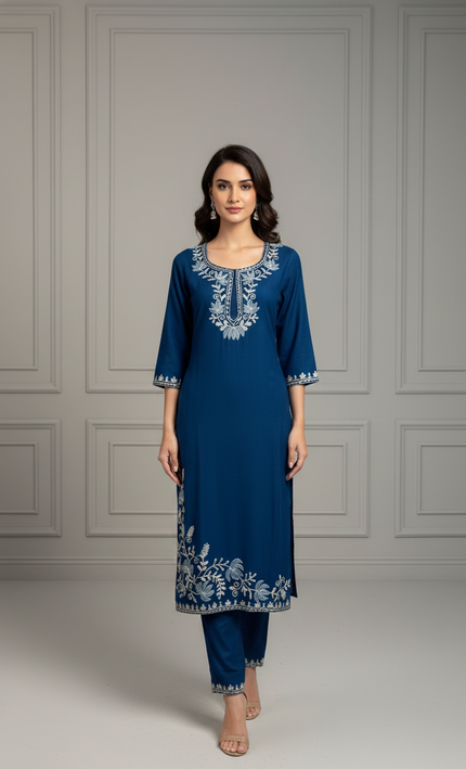 Regal Kashmiri Teal Blue Kurta Set
