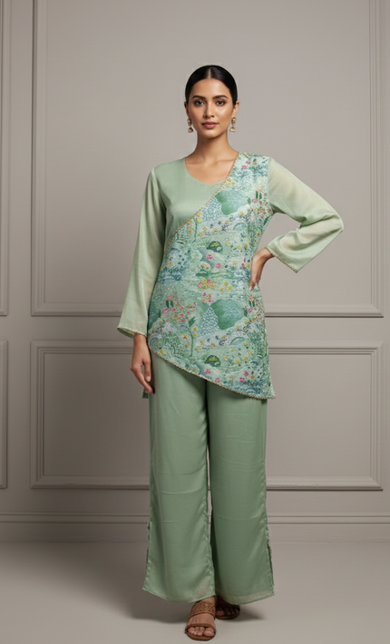 Pastel Green Draped Floral Co-ord Set