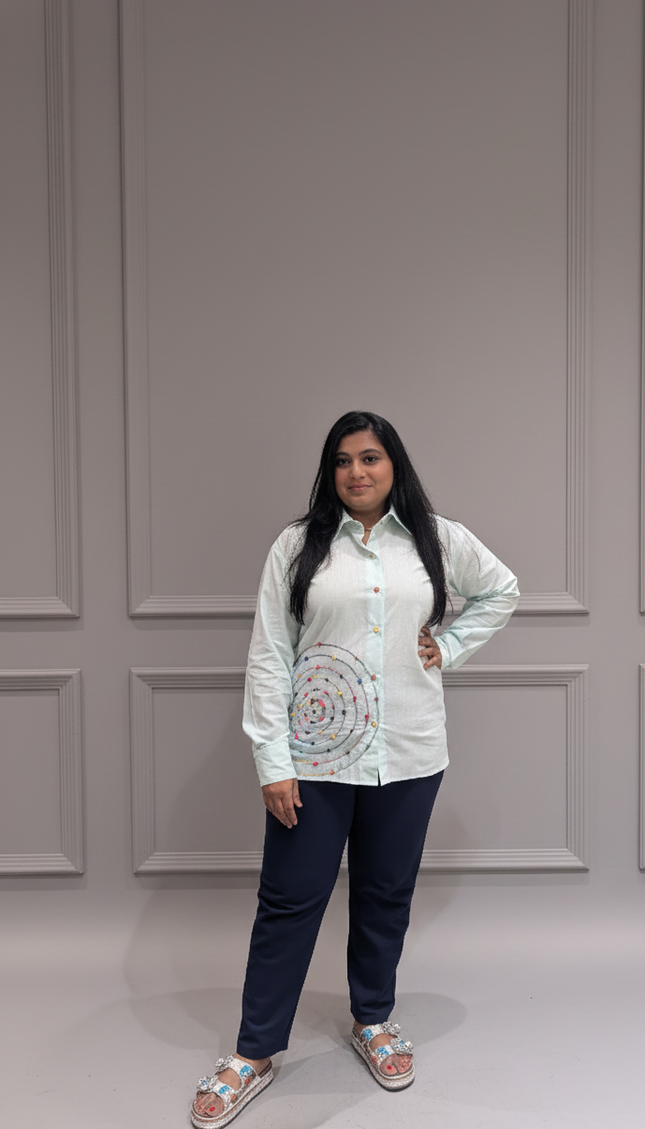 White Collared Spiral Embroidered Shirt – Vibrant Detail with a Smart Twist
