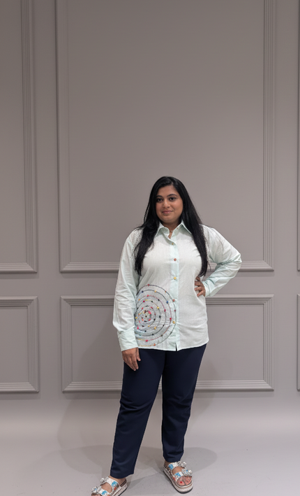 White Collared Spiral Embroidered Shirt – Vibrant Detail with a Smart Twist