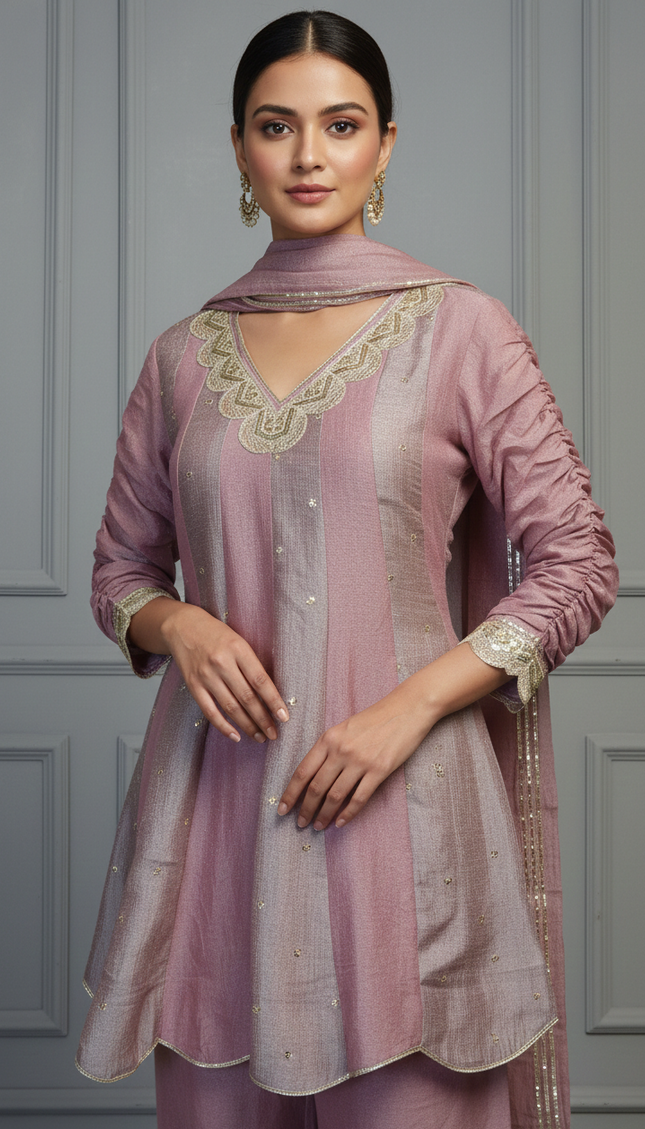 Elegant Mauve Silk Kurta Set with Subtle Embellishments