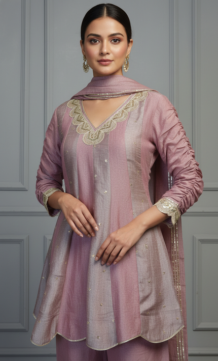 Elegant Mauve Silk Kurta Set with Subtle Embellishments