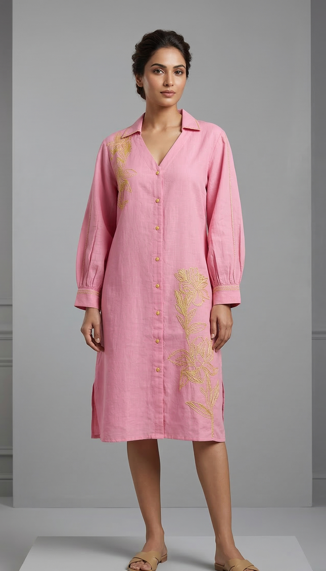 Fabniq Blush Bloom Embroidered Shirt Dress