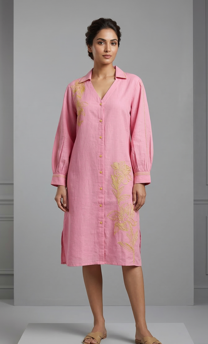 Fabniq Blush Bloom Embroidered Shirt Dress