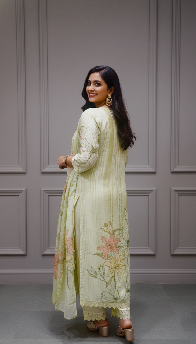 Pastel Green Floral Embroidered Kurta Set with Dupatta
