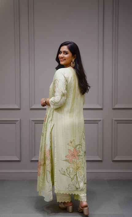 Pastel Green Floral Embroidered Kurta Set with Dupatta