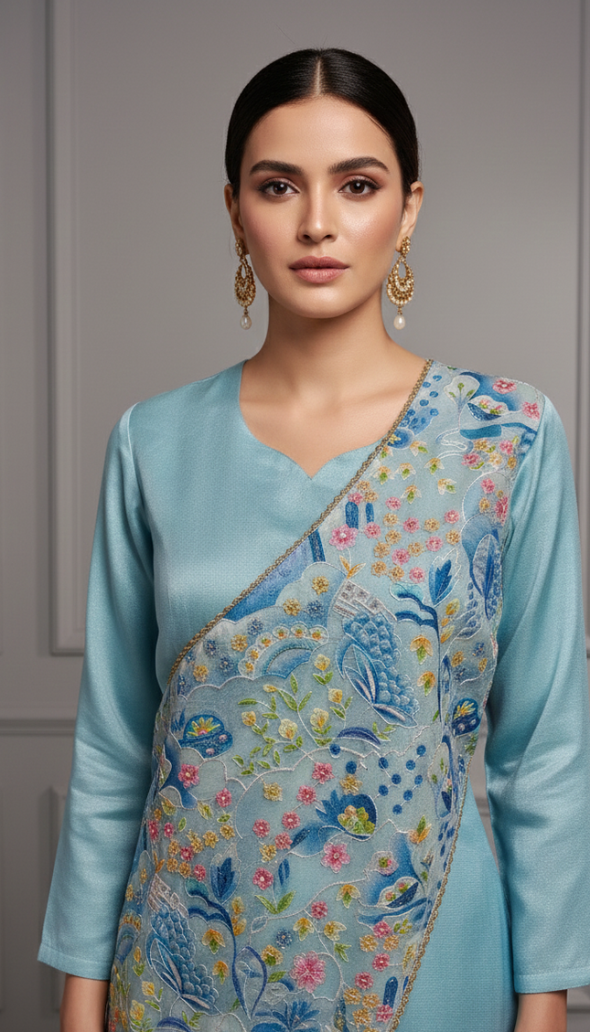 Sky Blue Draped Floral Fusion Co-ord Set