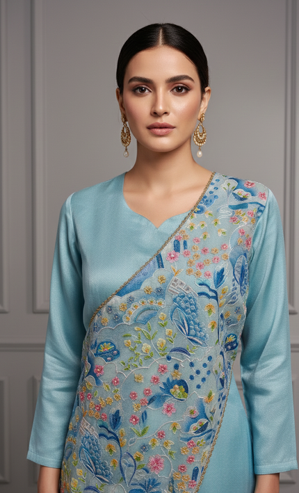 Sky Blue Draped Floral Fusion Co-ord Set