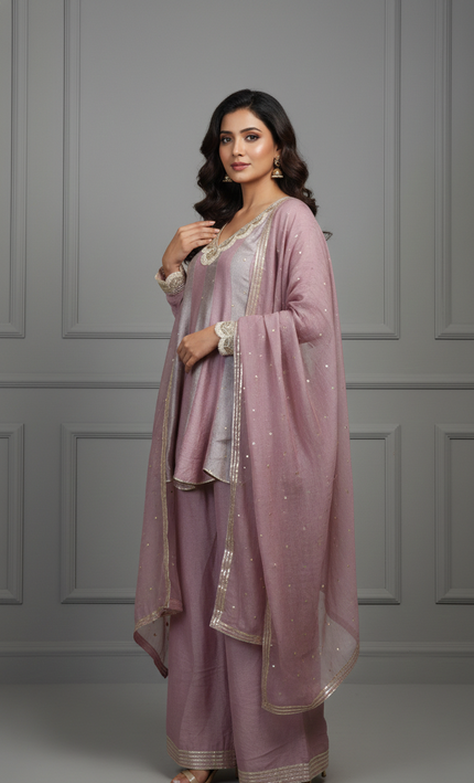 Elegant Mauve Silk Kurta Set with Subtle Embellishments