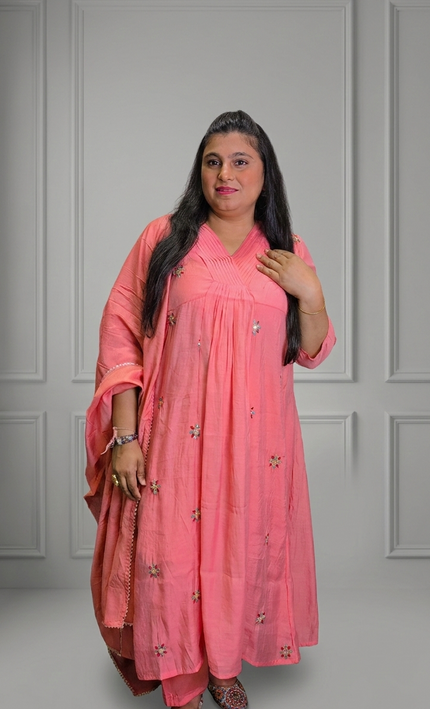 The Baby Pink Anarkali Embroidered 3 Piece Punjabi Suit For Women