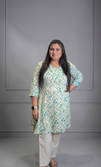 Turquoise Blue Mul Bloom Kurta Pant Set