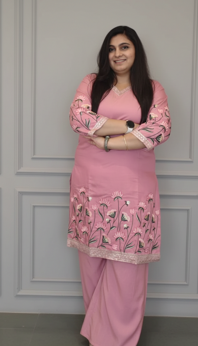 Blush Pink Embroidered Kurta Set – A Feminine Classic with Graceful Detailing