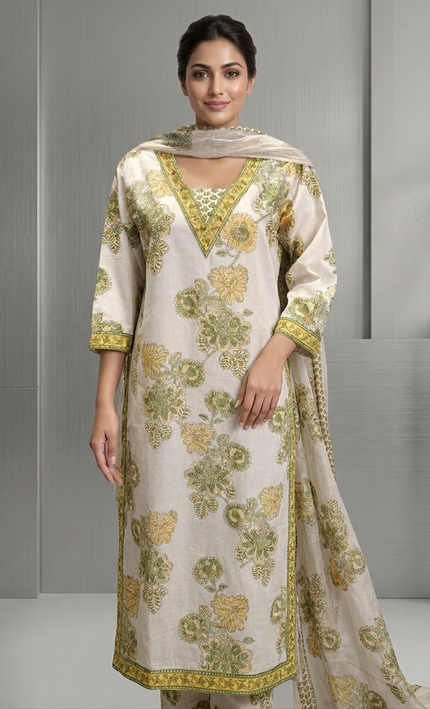 Cream floral printed Punjabi Suit