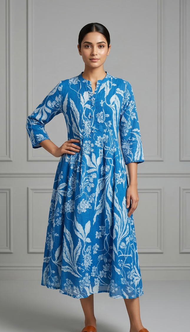 Blue Floral Printed Midi Dress