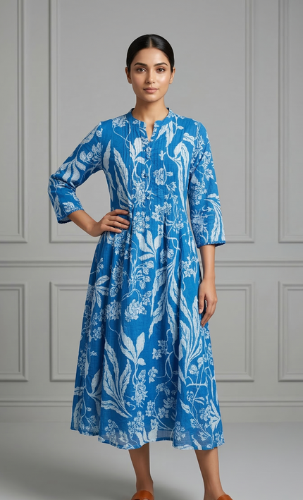 Blue Floral Printed Midi Dress