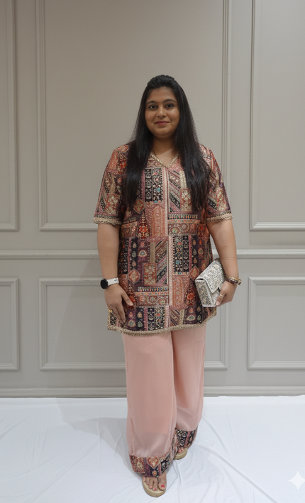 Boho Chic Printed Cord Set in Peach & Multi-Color