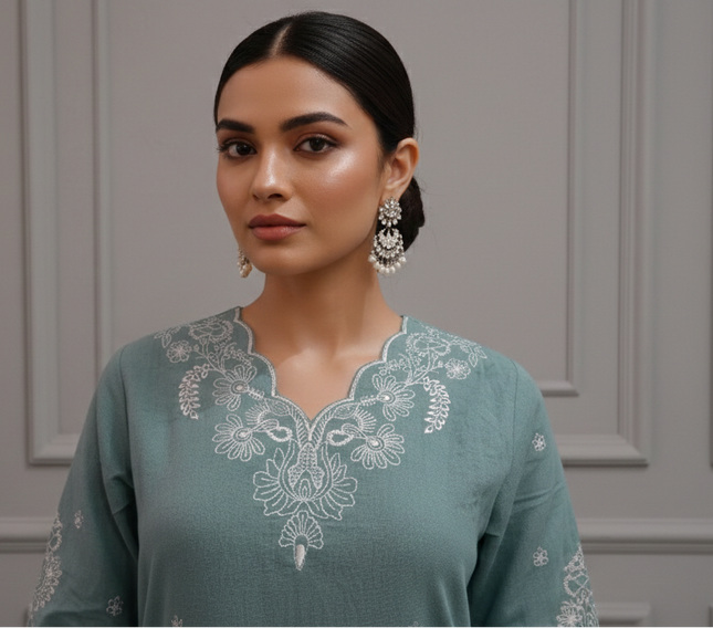 Sea Green Co-Ord Set for Women with White Thread Work