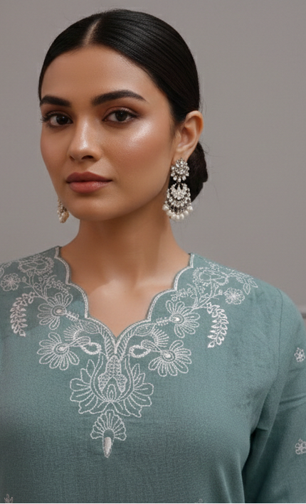 Sea Green Co-Ord Set for Women with White Thread Work