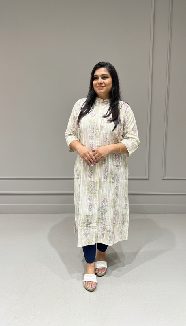 Ivory Base Printed Cotton Kurti with Pastel Florals – Soft & Stylish