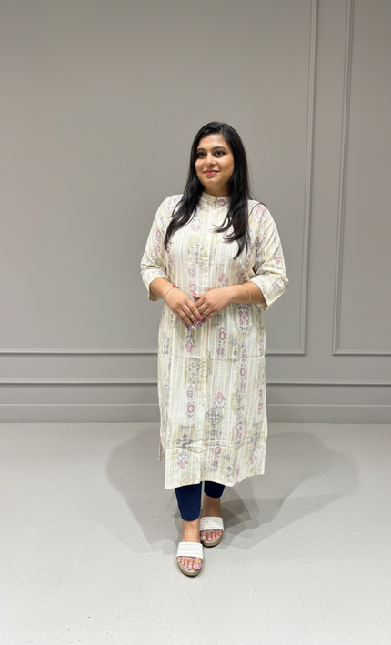Ivory Base Printed Cotton Kurti with Pastel Florals – Soft & Stylish